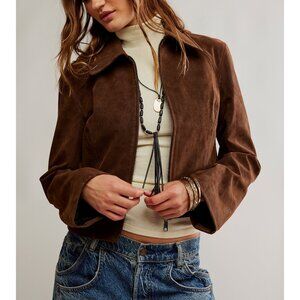 Free People Chocolate Brown Suede Zip-Front Jacket